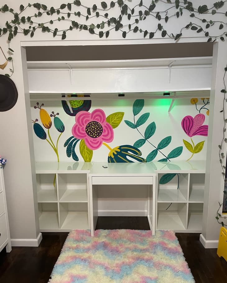 Desk in closet of kids room while transforming into an office.