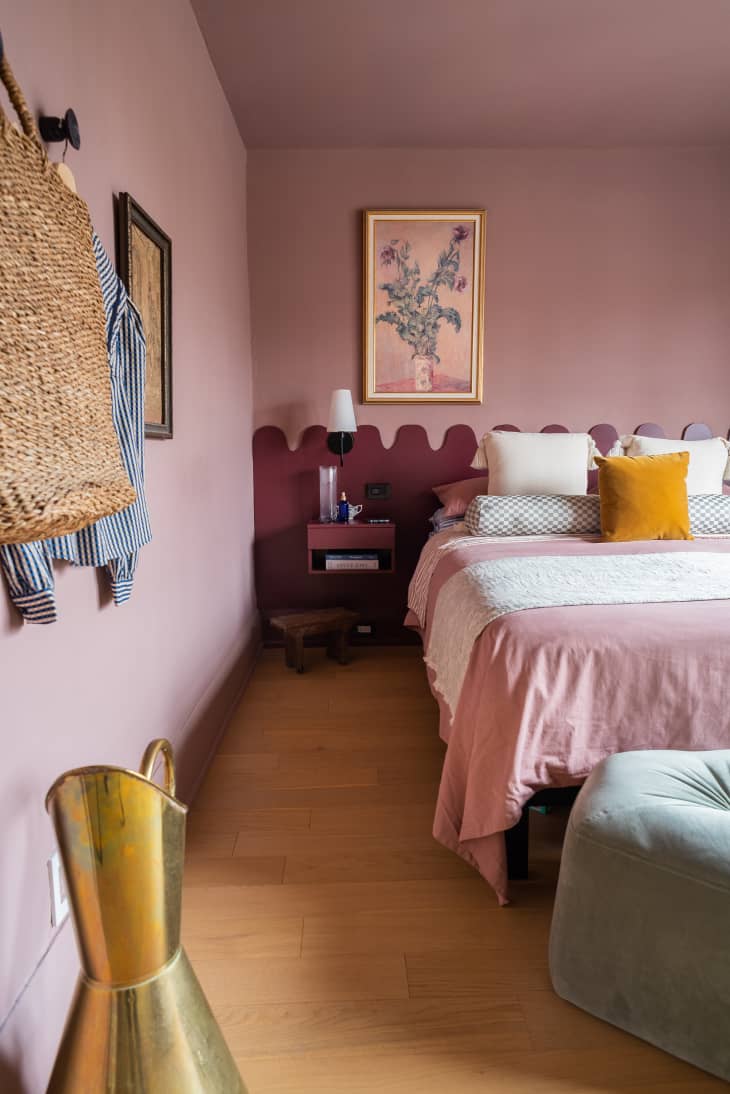 Pink bedroom with matching sheets.
