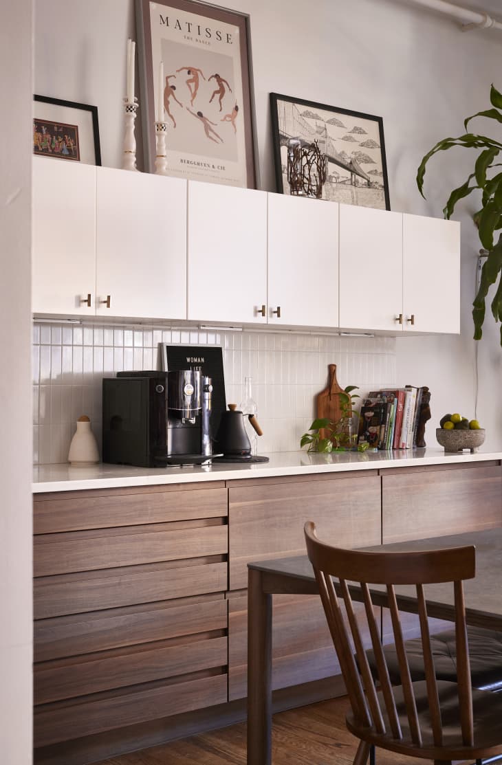 White upper cabinets in the kitchen.