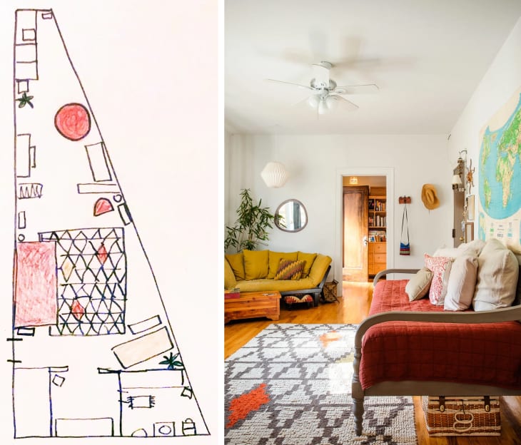 Diptych with hand-drawn floor plan on the left and a photo of a small living room on the right