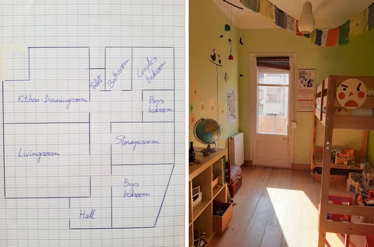 Diptych of a floor plan on the left and a photo of a kids room on the right