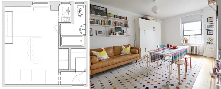Diptych image featuring a floor plan on the left and an image of a one-room studio apartment's main area on the right.
