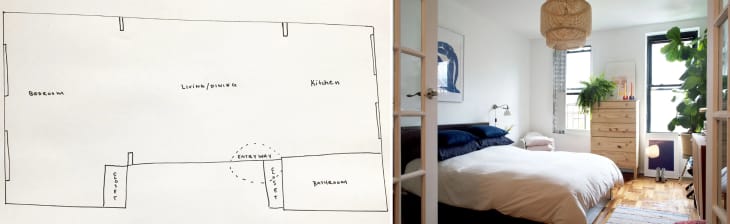 Diptych of a floor plan on the left and a bedroom photograph on the right