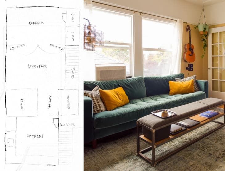 Diptych of a hand-drawn floor plan on the left and a photo of a living room on the right