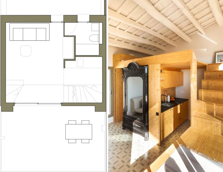 Diptych with a studio apartment floor plan on the left and a photo of a minimal modern apartment on the right