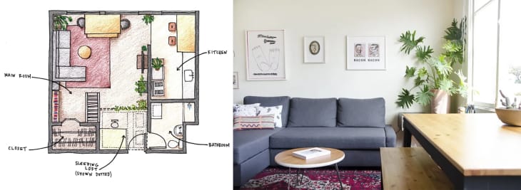 Diptych of a hand-drawn studio apartment floor plan on the left and a living room photo on the right