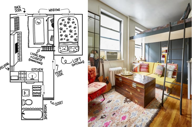 Diptych of a studio apartment floor plan on the left and a studio apartment main living area photo on the right
