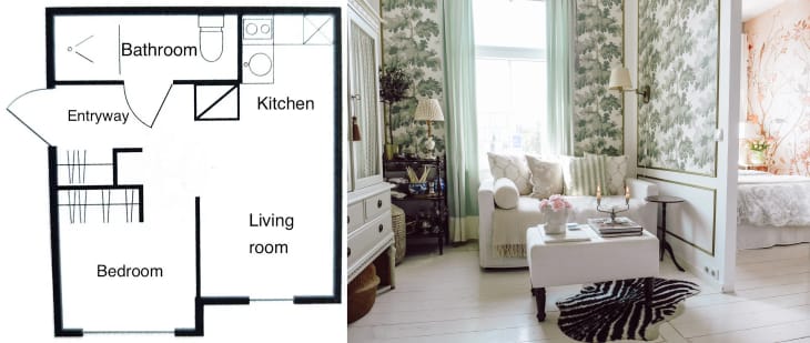 Diptych with a floor plan on the left and a photo of a studio apartment on the right
