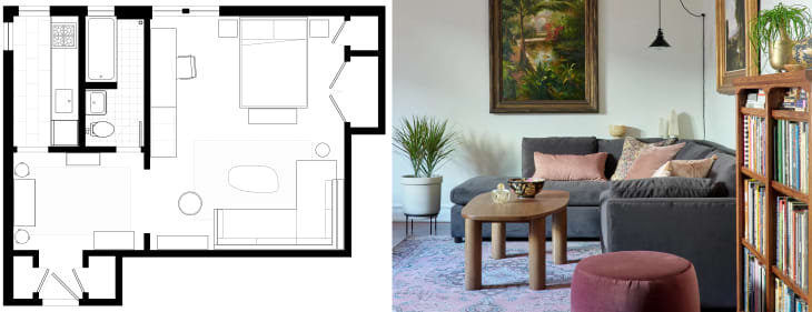 Diptych of a floor plan on the left and a photo of a living room on the right