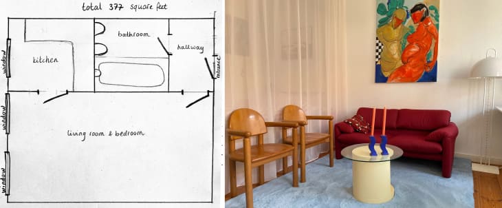 Diptych with a hand-drawn floor plan on the left and a photo of colorful studio apartment on the right