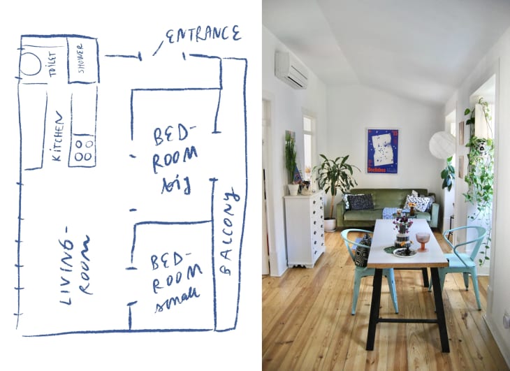Diptych of a hand-drawn floor plan on the left and a photo of an apartment on the right