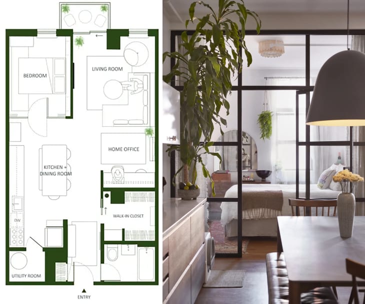 Diptych with a floor plan of a one-bedroom apartment on the left and a photo of an apartment on the right