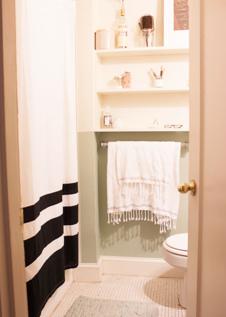 A small bathroom with shelves, a shower curtain and a toilet viewable from the open doorway.