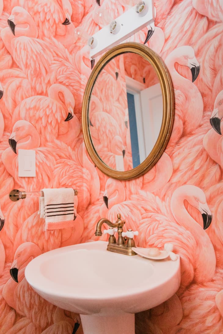 Half bath with pink flamingo wallpaper