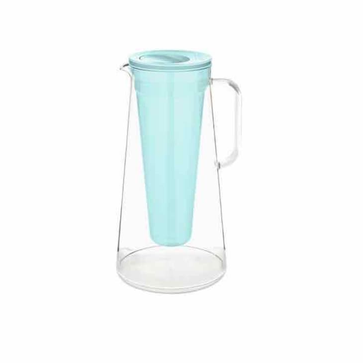 Glass water pitcher with teal filter