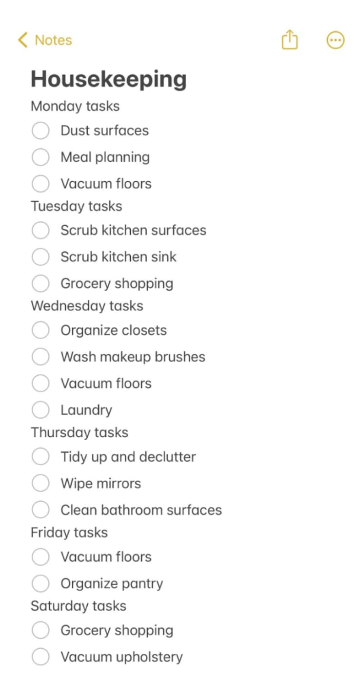List of household chores on Notes app