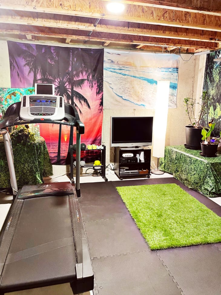 Home gym with tropical curtains.
