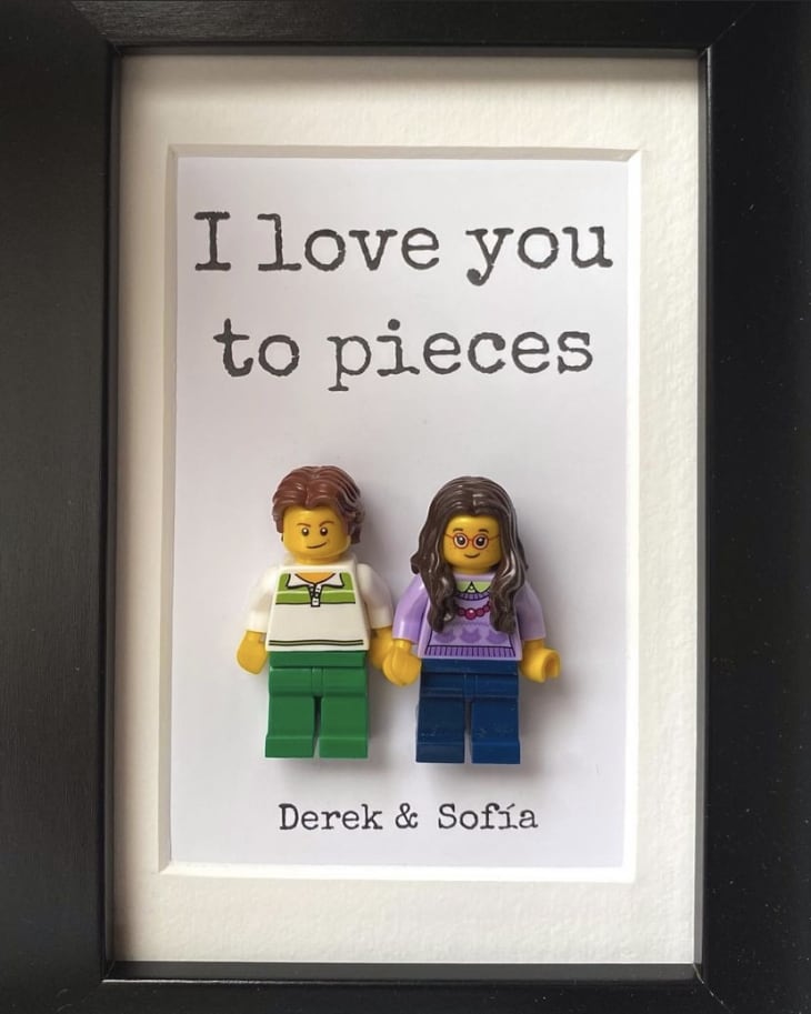 framed lego "couple" with text "I love you to pieces: derek &amp; Sofía"