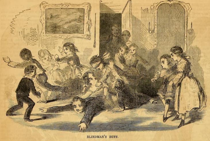 Illustration of people in the Victorian era playing Blind Man's Bluff
