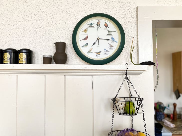 An Audubon singing bird clock perched on a ledge in the kitchen