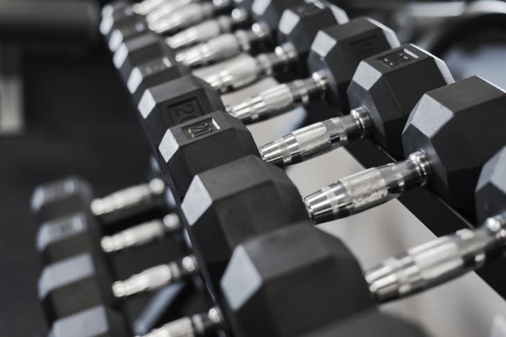 20-pound workout weights on a rack