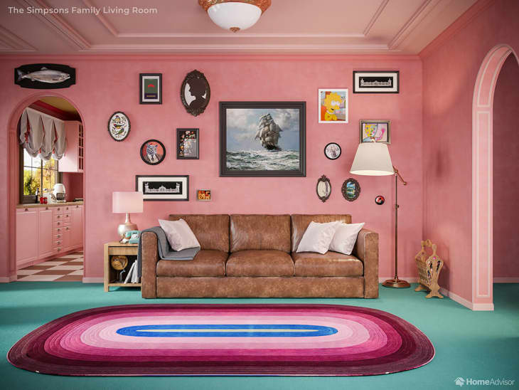 Simpson family living room with Wes Anderson-esque styling and colors.