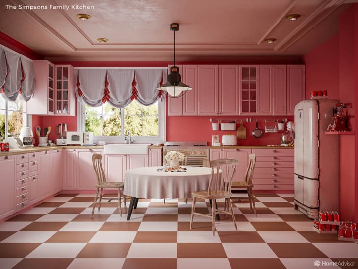 Simpson family kitchen with Wes Anderson-esque styling and colors