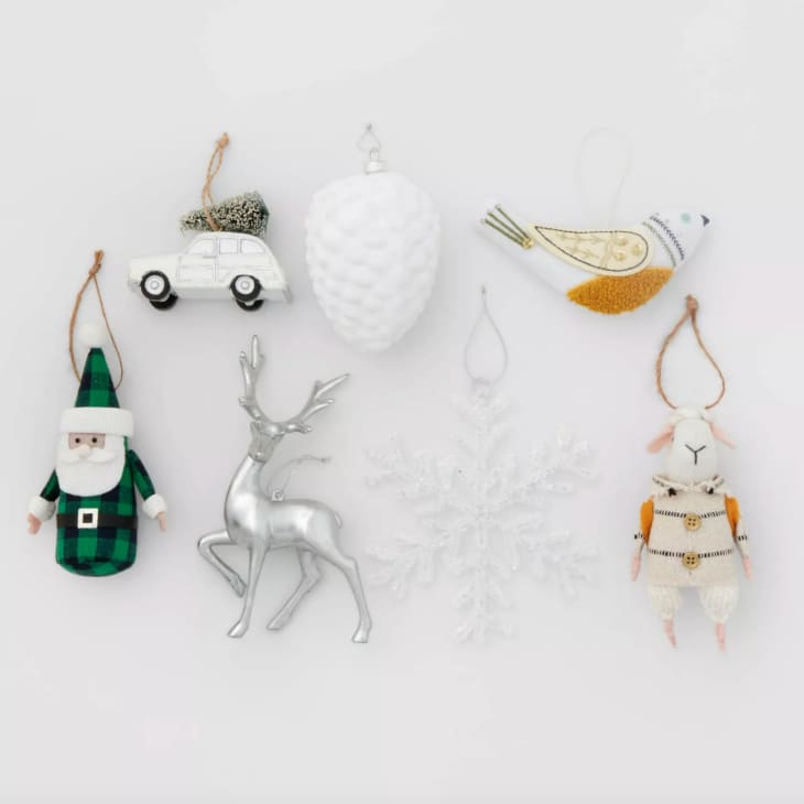 Collection of green and gold and white ornaments