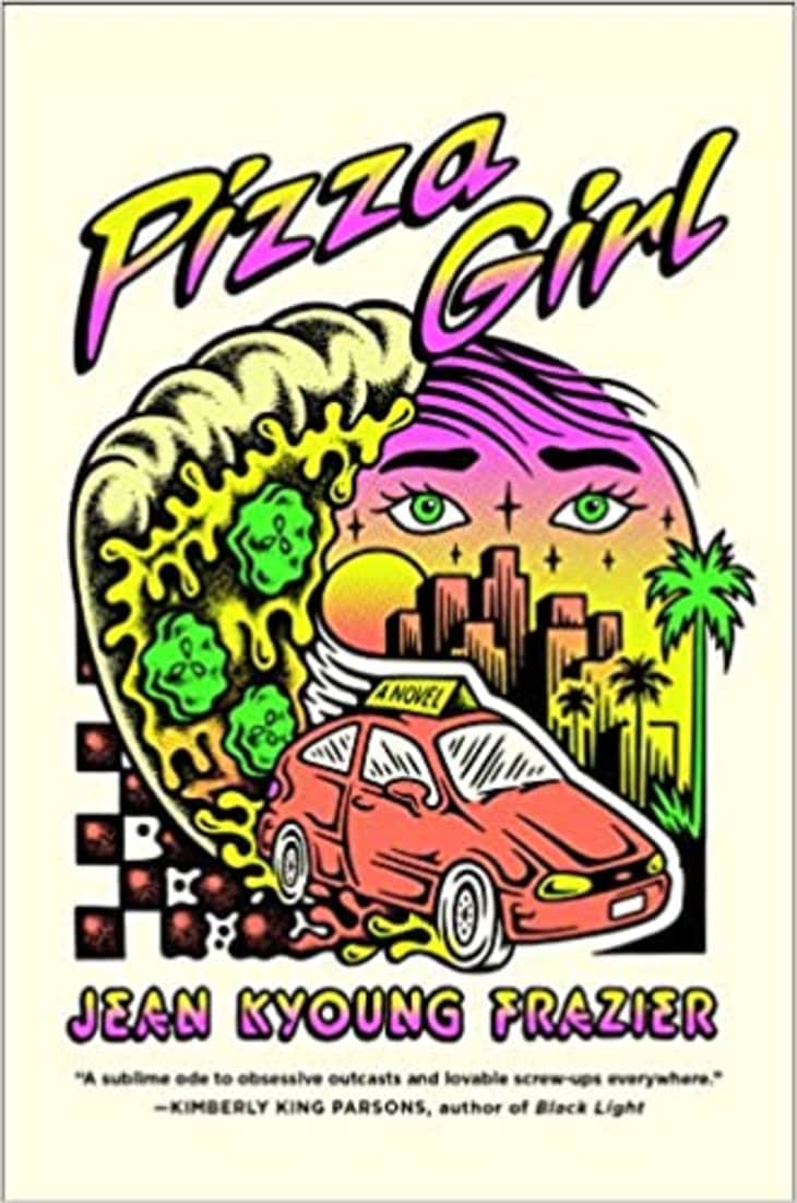 Book cover with car, pizza, and face on it