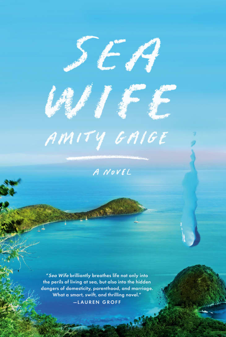 Book cover with blue sea, blue sky, and greenery