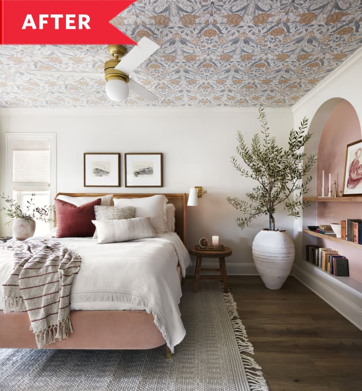 After: Bedroom with white with pink color scheme and floral wallpaper on the ceiling