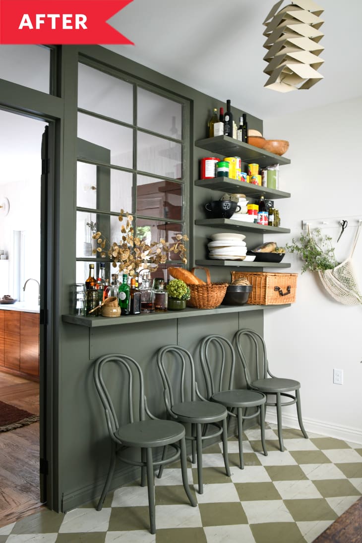 After: Green Thonet chairs lined up along wall with shelves for plates, food, and more