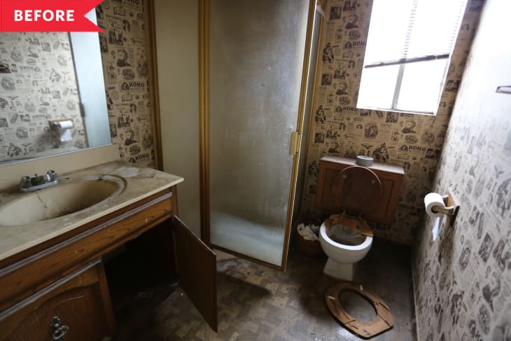 Before Old, damaged bathroom with black and white vintage wallpaper