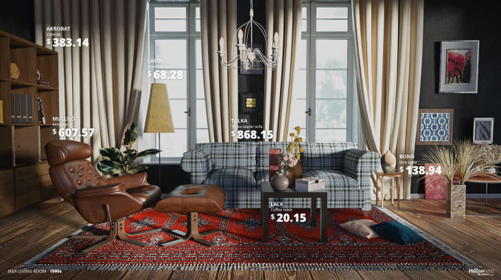 1990s-style living room with plaid sofa from IKEA catalog