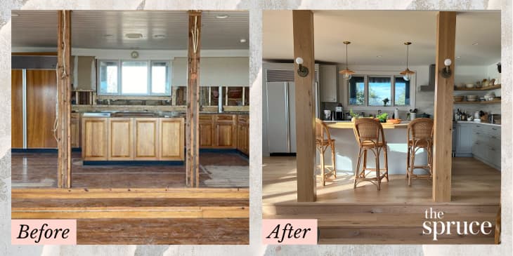 A before and after look at a large kitchen now containing an island