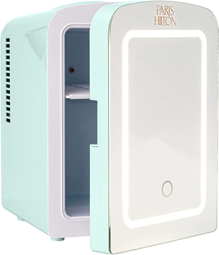 A light blue Paris Hilton mini fridge