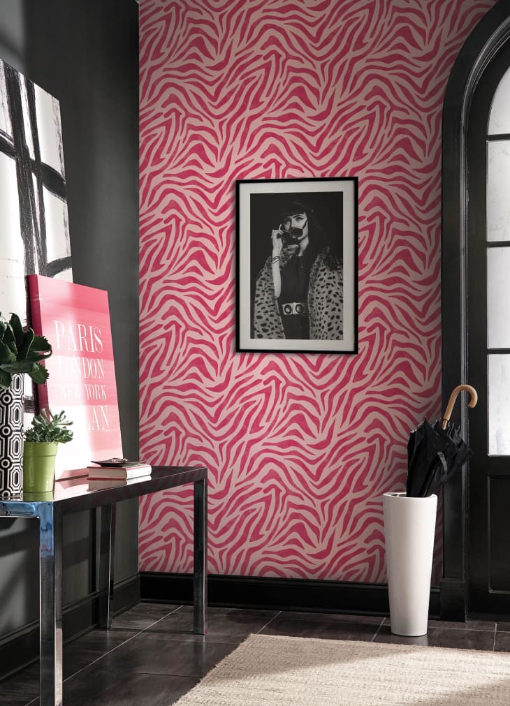 RuPaul X WallPops collab Pink and Red RuZebra Peel and Stick Wallpaper in room