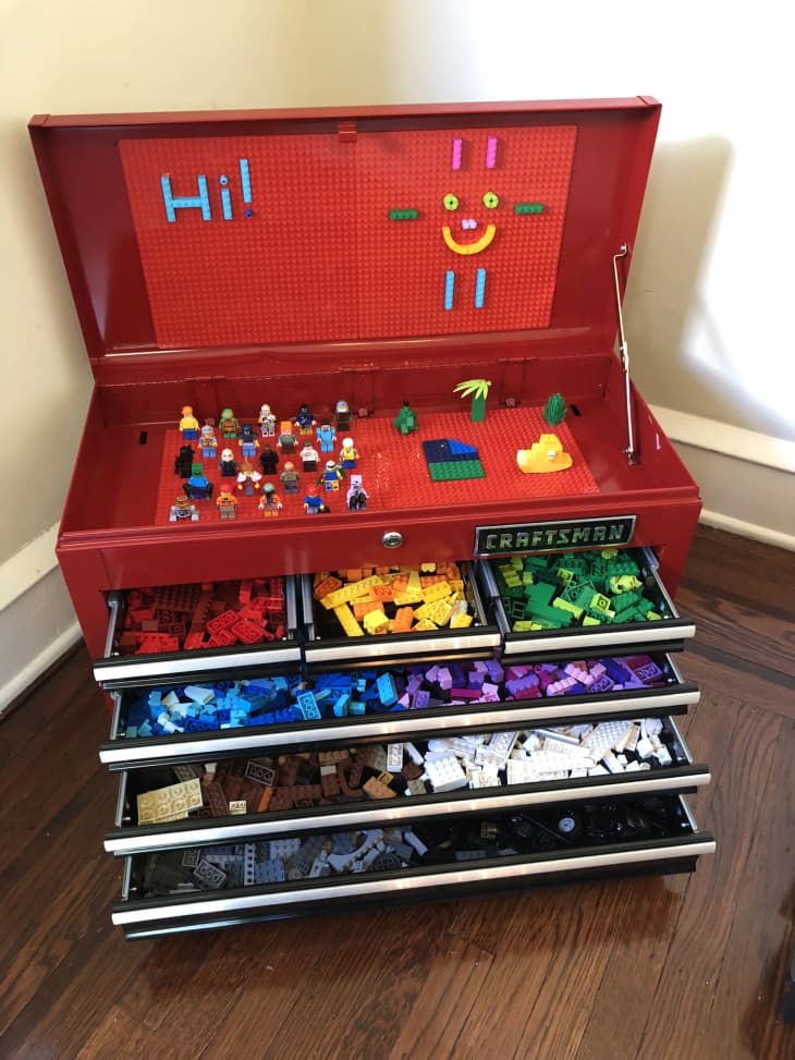A craftsman tool box with Legos color-coordinated