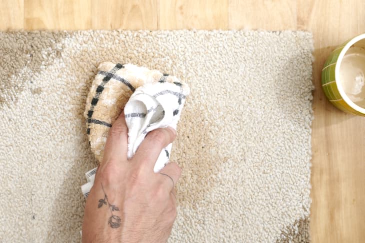 Overhead view of a hand dabbing a coffee stain on a white and brown carpet with a dish rag.