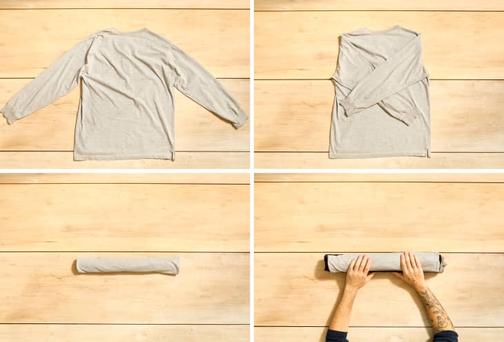 grid with 4 steps on How to Fold a Long-Sleeve Shirt in a Roll