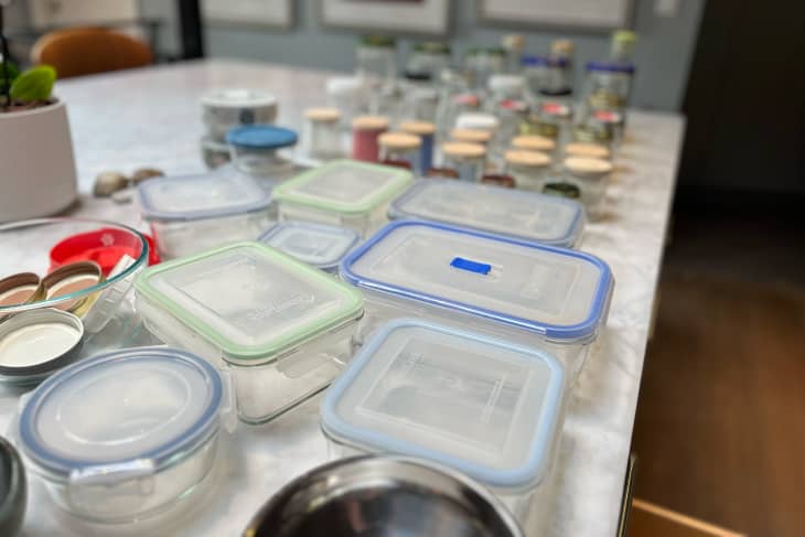 Tupperware on kitchen countertop during cleaning with Boundary Decluttering method.