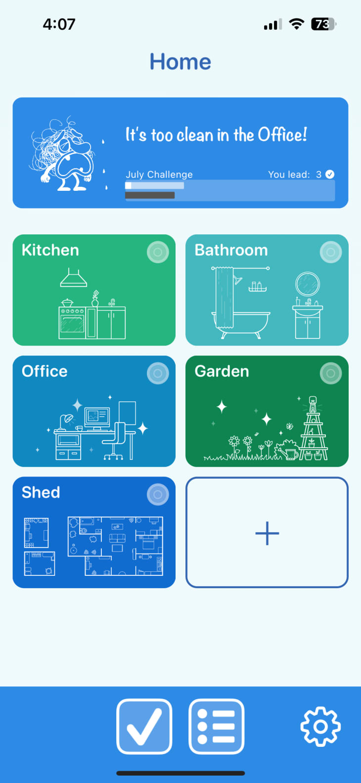 green and blue boxes with rounded edges, headers of different rooms, check mark and list symbol at bottom, plus sign to add more rooms
