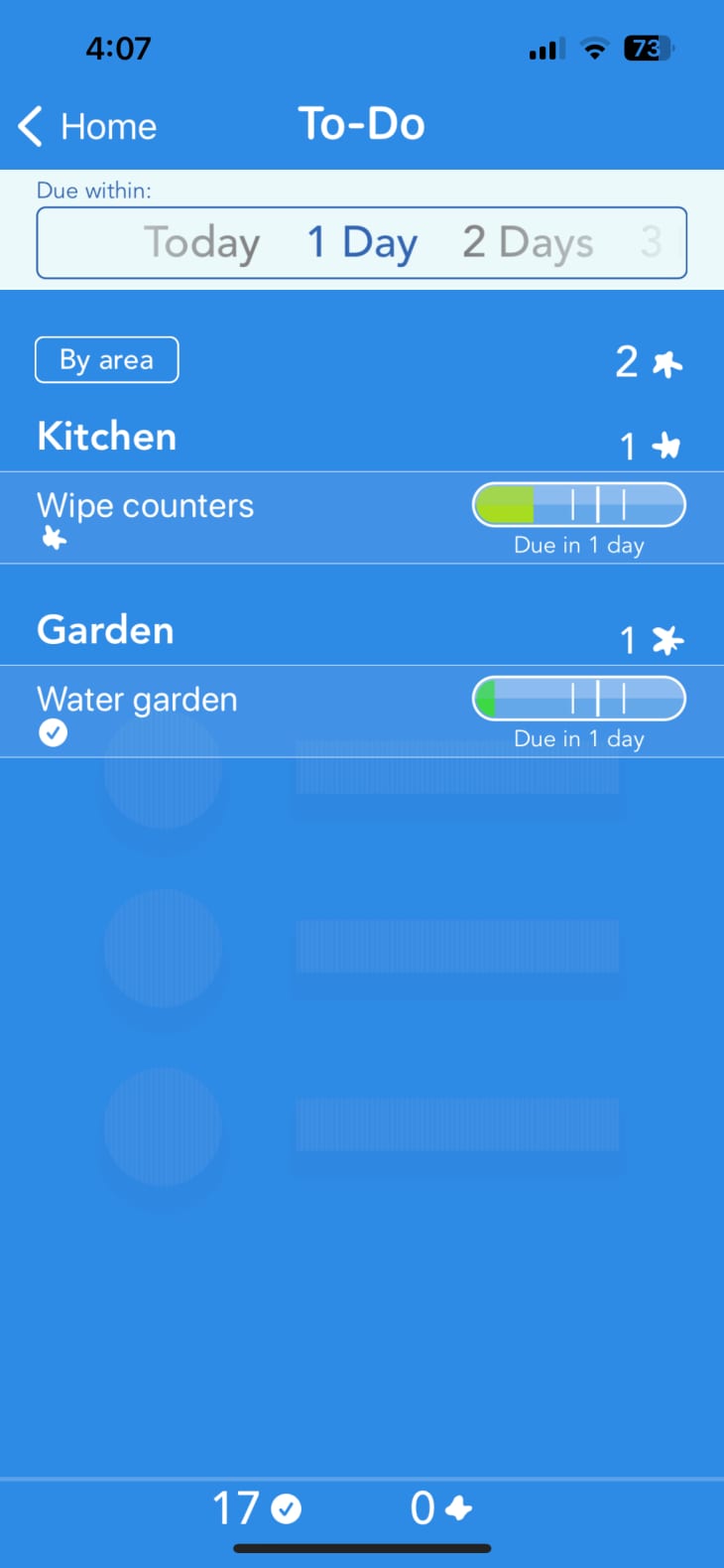 blue screen shot, data, select boxes, to-do header, progress bars, list