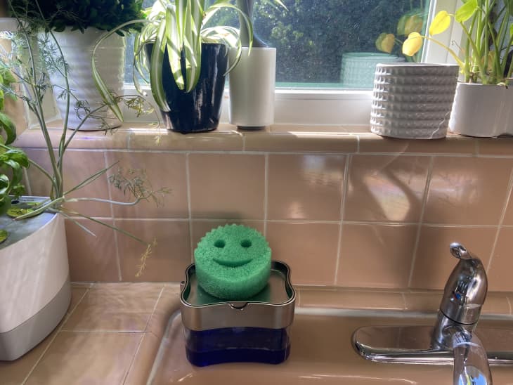 green smiley face dish sponge on metal drain stand on edge of sink with pink tile and plants