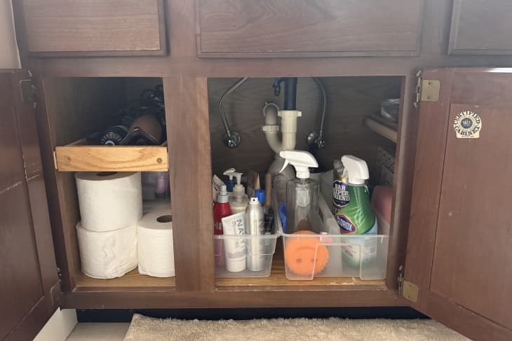 under sink cabinet organized with cleaning products in clear bins and toilet paper on other side