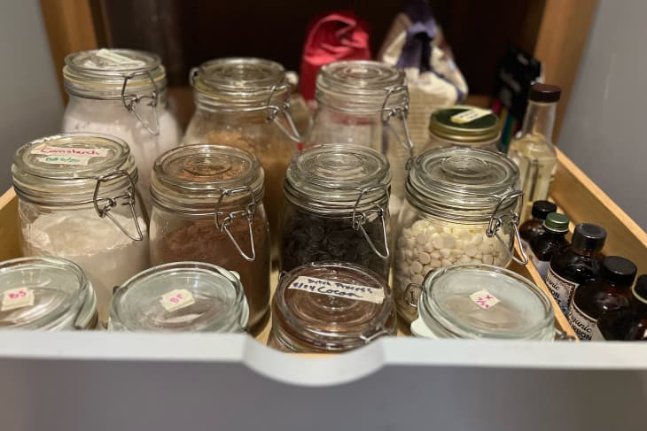 Jars in pantry after organization.