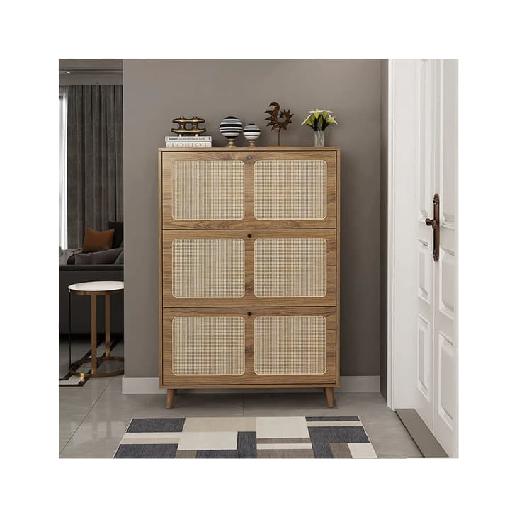 Natural Rattan Shoe Cabinet with 3 Freestanding Flip Drawers at Giratree