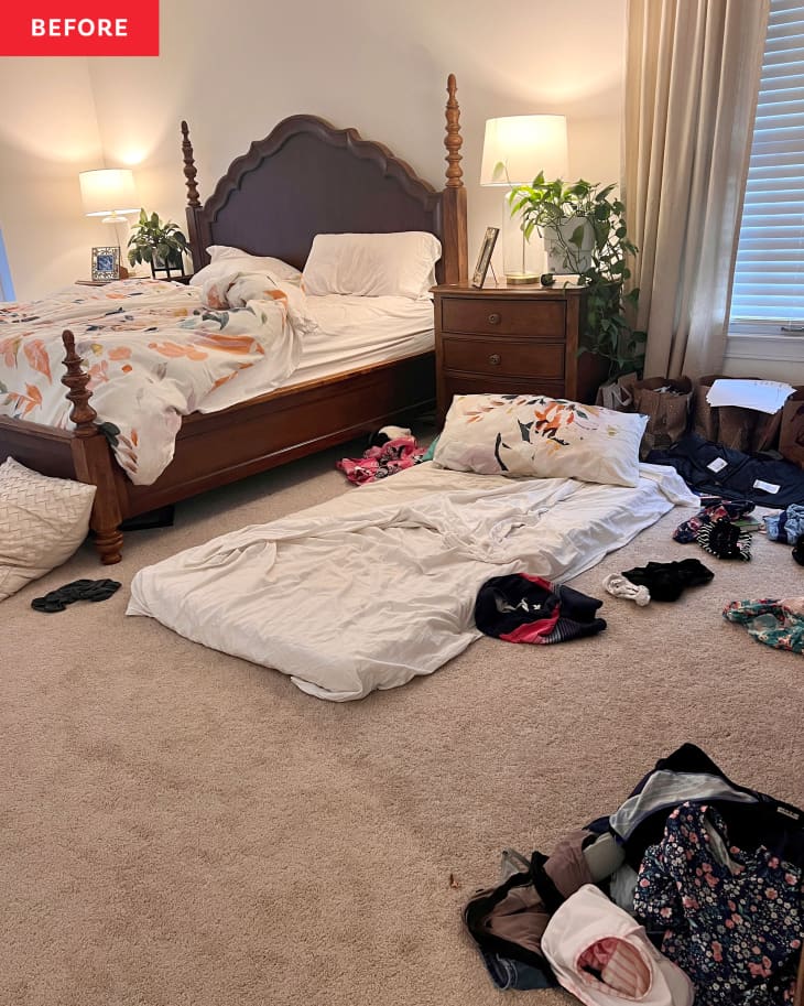 Bedroom before using 5x5 cleaning method: messy bed and kids mattress, clothes strewn around