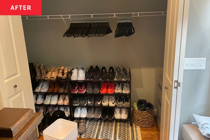 After: an empty closet with a large shoe rack at teh bottom