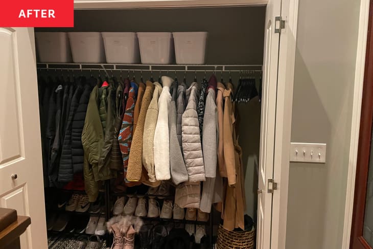 After: a closet with bins on the top shelf, coats hanging, and a shoe rack at the bottom
